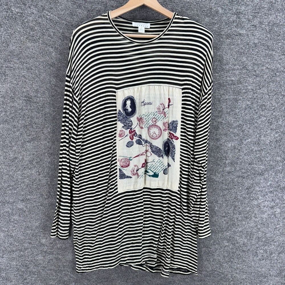 Express Tunic Top Women 2 Black Striped Long Sleeve Cotton Pullover Casual